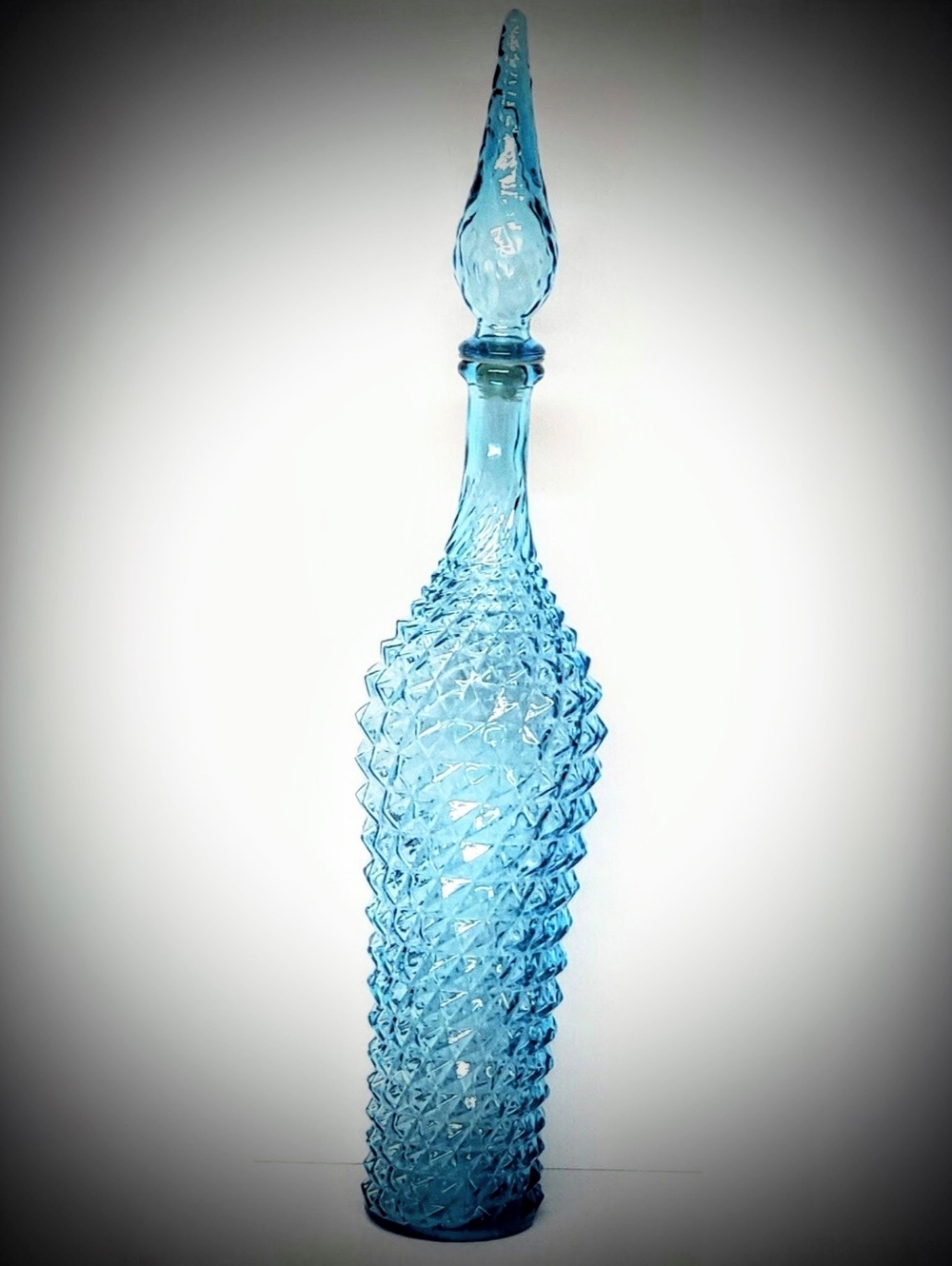 VTG Italian Aqua Blue Pineapple/Diamond Point Glass Genie Bottle/Decanter